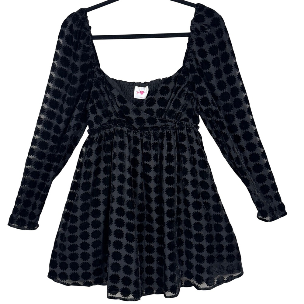 Buddy Love Black Velvet Flocked Babydoll Dress Small Whimsygoth Dark Academia‎